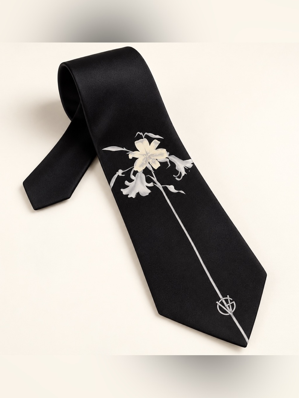 Vintage Gianni Versace Tie Black Ivory Floral GV Monogram 54" Made in Italy